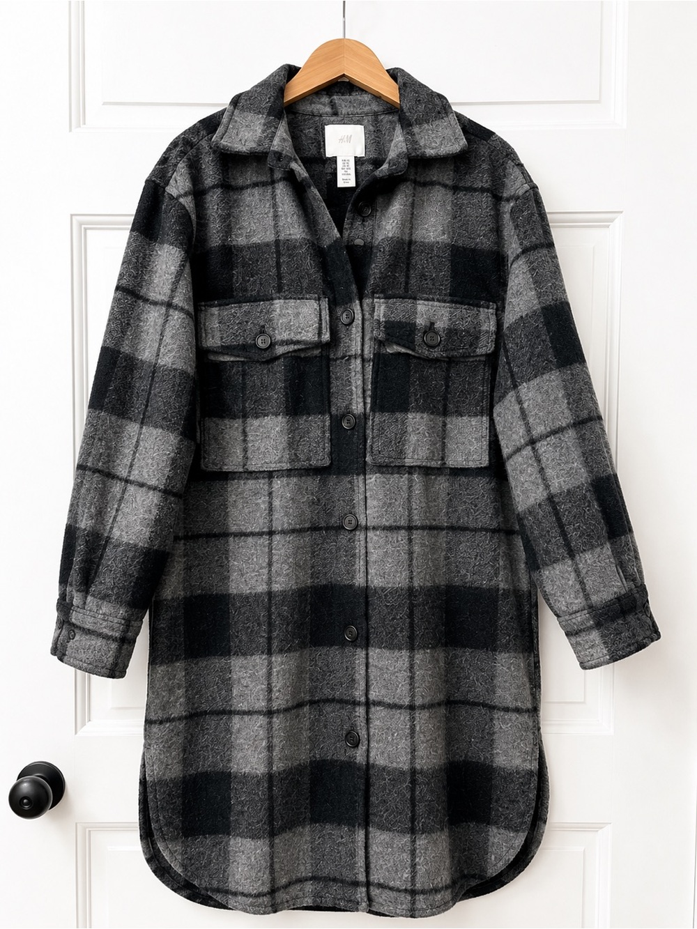 H&M Gray Black Plaid Shacket Coat Women’s XS Long Overshirt Jacket